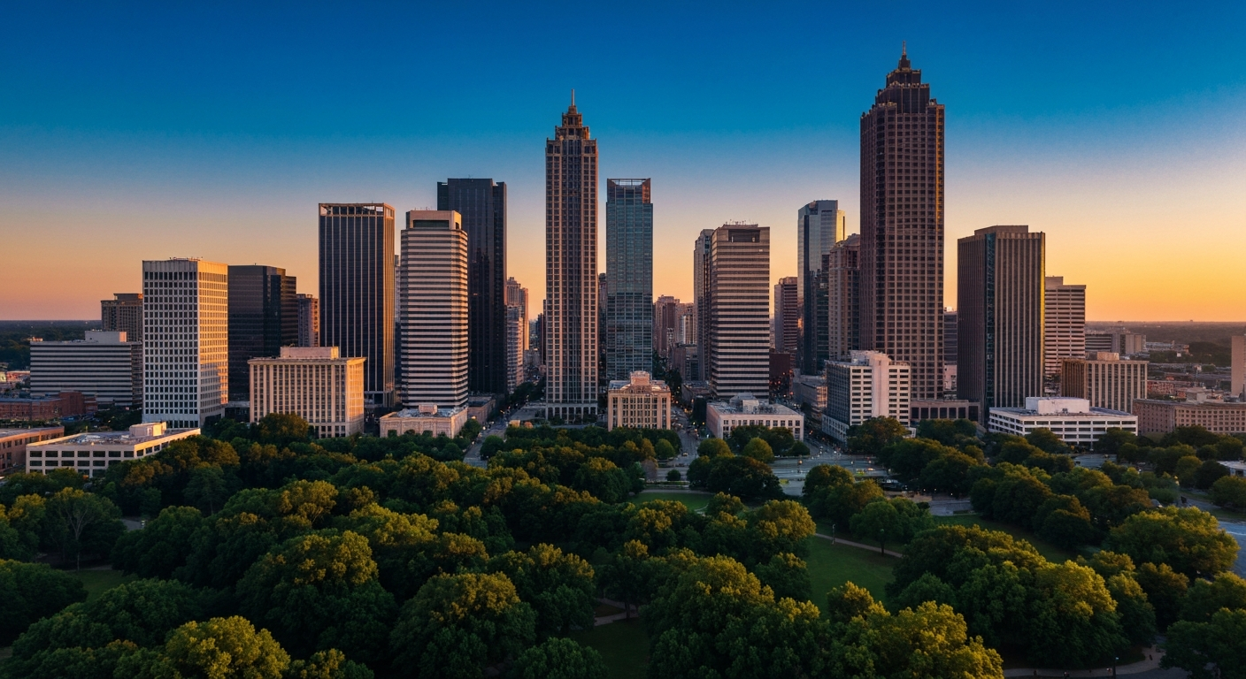 Atlanta skyline with small business storefronts at sunset