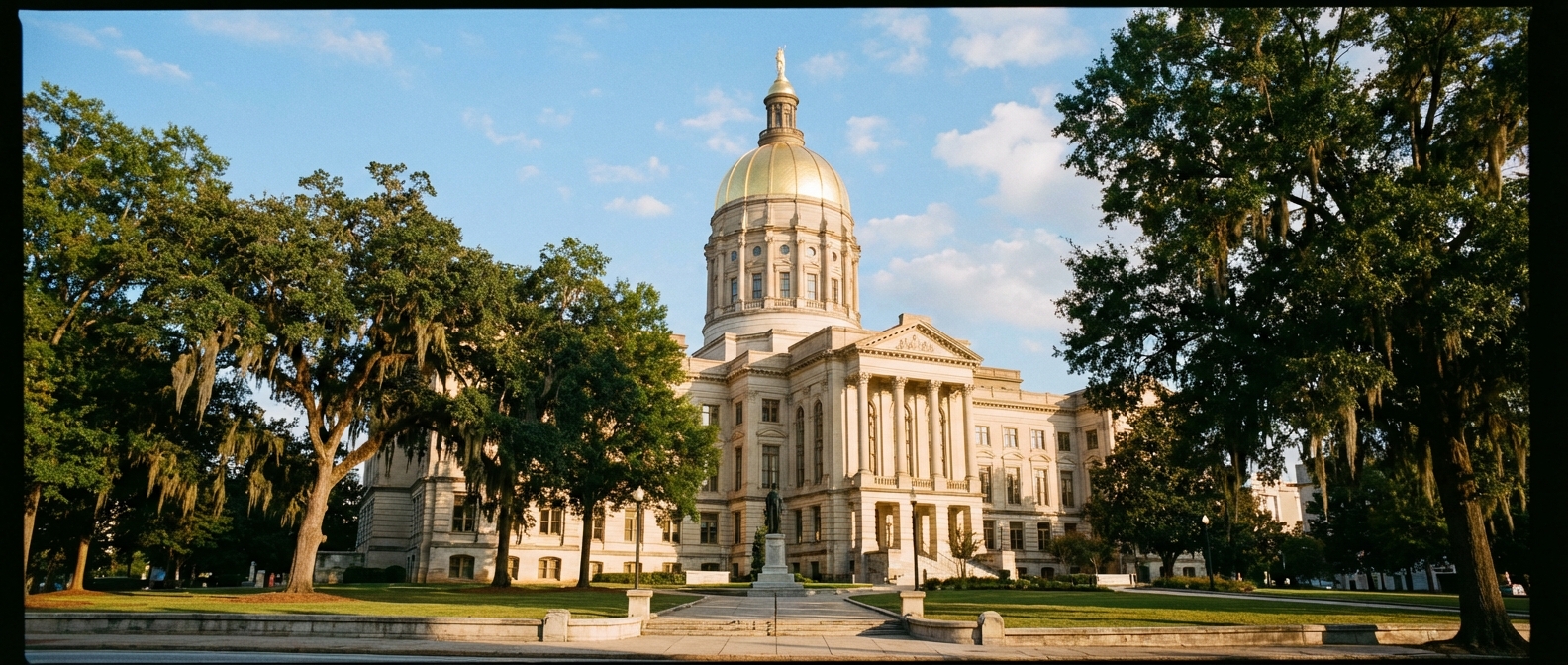 Atlanta skyline with small business storefronts at sunset