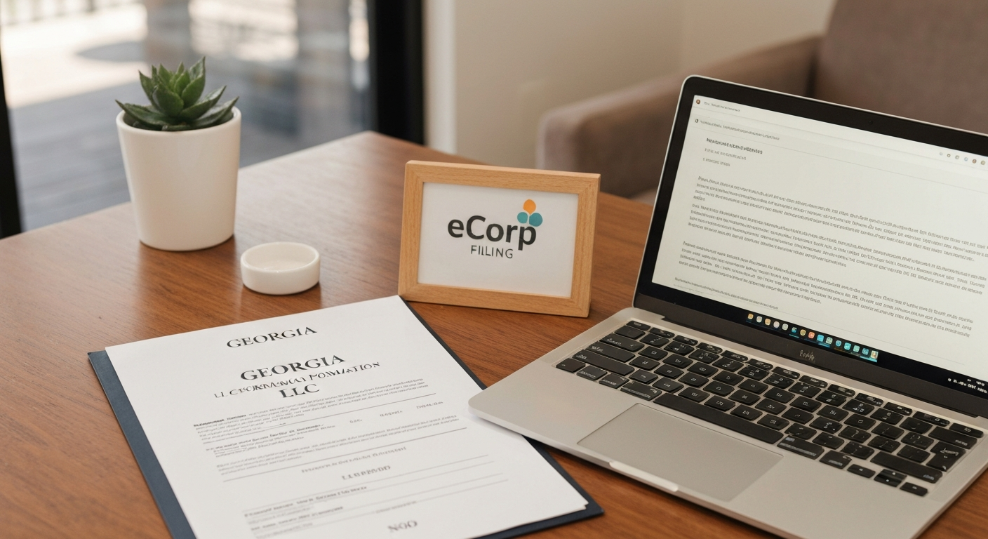 Georgia LLC formation documents and laptop showing eCorp filing portal