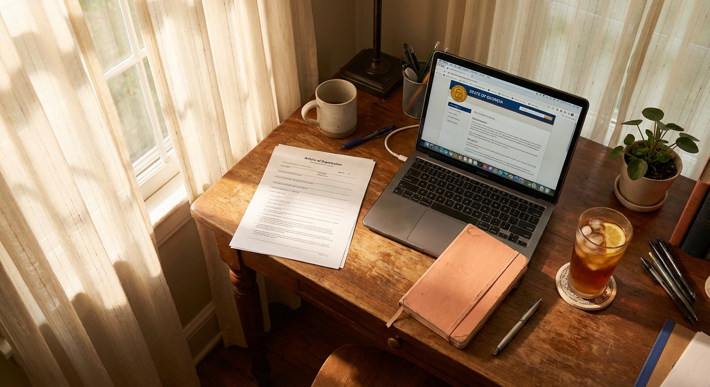 Georgia LLC formation documents and laptop showing eCorp filing portal